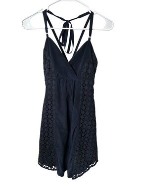 Athleta Navy Eyelet Halter Dress Tie Back Side Zip Size XS
